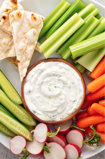 Greek Yogurt Dip served with fresh vegetables and pita